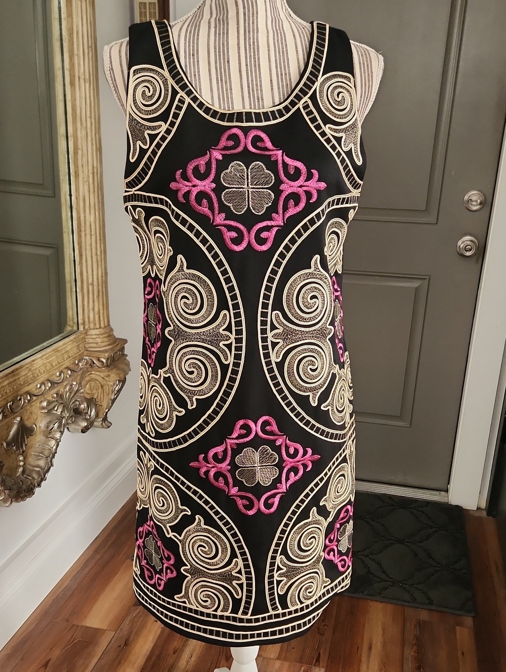 Black Embroidered Sleeveless Sheath Dress with Pink and Cream Accents